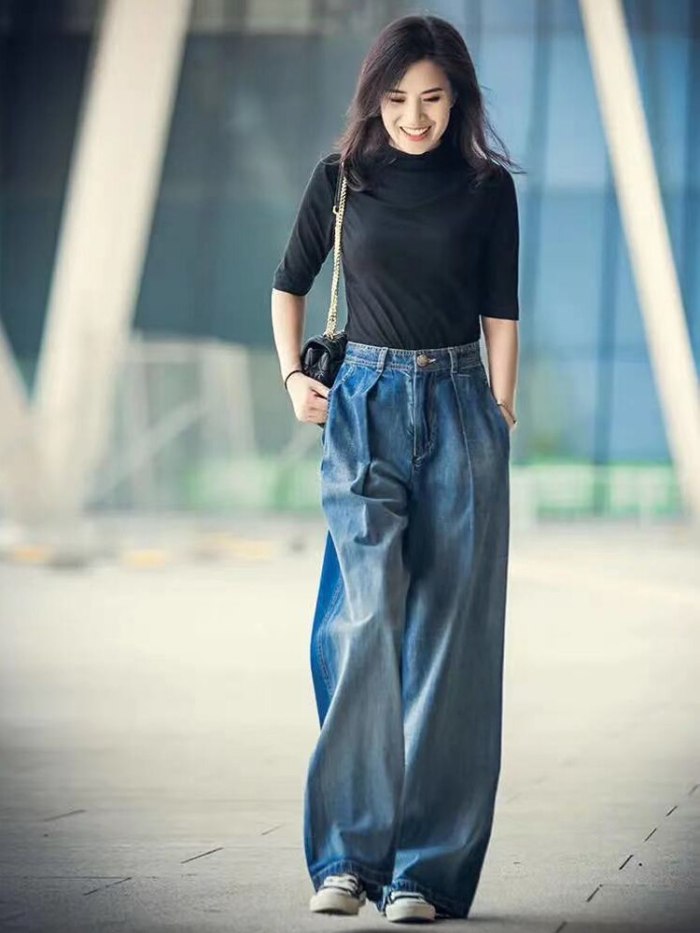 Jeans Women's Wide-leg Jeans 2021 y2k Streetwear High Waist Vintage Trousers Casual Simple Blue Buttons Straight Denim Long Pant