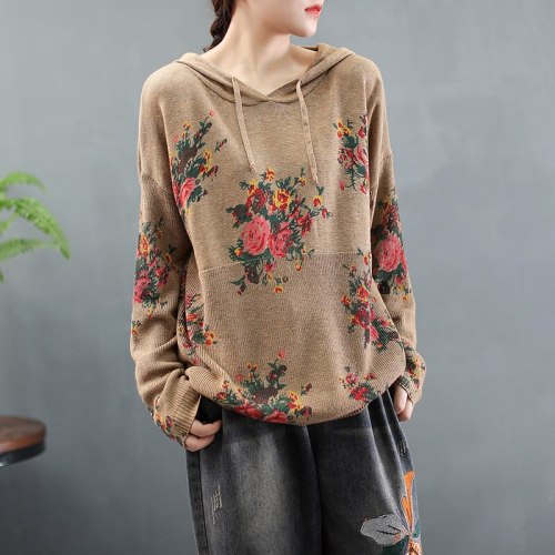 2021 autumn and winter new literary printing knitted bottoming shirt women's hooded Pullover loose large sweater coat