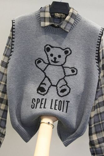 Women Korean Cartoon Print O-Neck Sleeveless  Sweater Vest