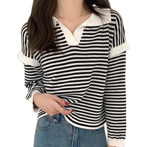 Women Knitted Pullover Sweater 2021 Fashion Autumn Long Sleeve Loose Coat Casual Button Thick Polo Collar Striped Female Tops