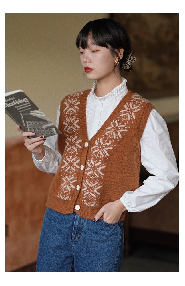 Women Vintage Single-breasted Chic Patchwork Sweater Vest
