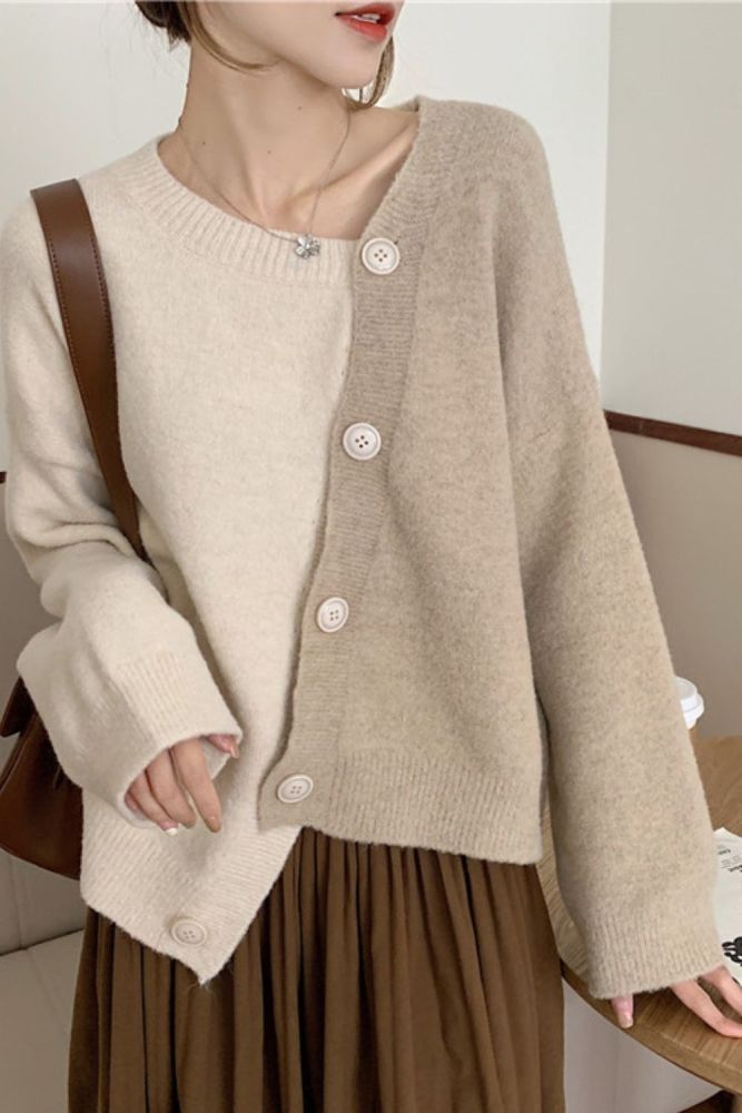 Korean Elegant Temperament Patchwork Cardigan Sweater V-neck Buttons Irregular Design Women Sweaters 2021 Fall All-match Ol Tops