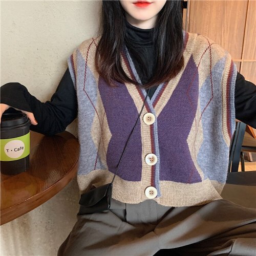 Women Spring Knitted Jacke Fashion Plaid Patterns Printed Sleeveless Single-Breasted Knitwear Female Student Preppy Style Jacket