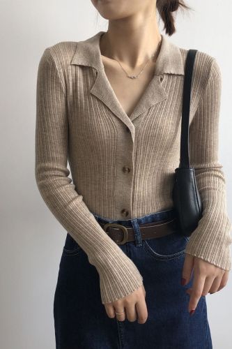 Women Textured Slim Knitted Cardigan Sweater Nortched Collar Cardigans 2021 Autumn