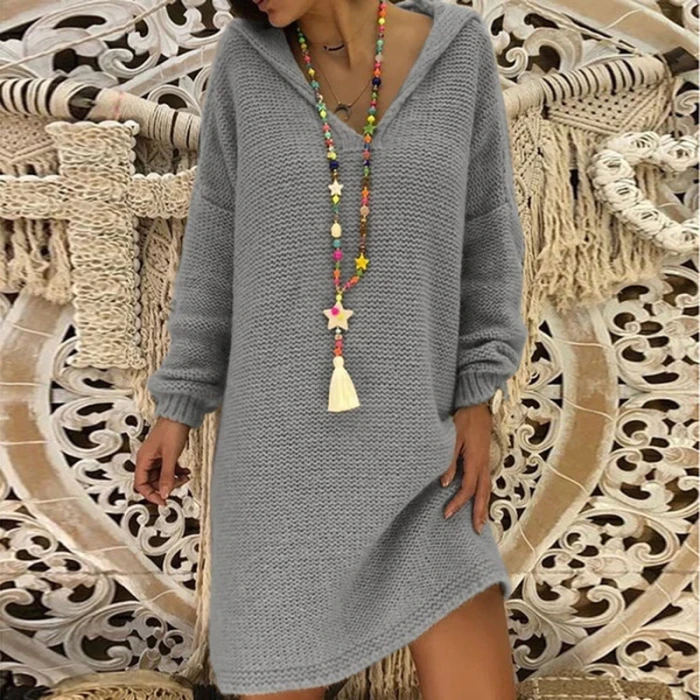 Sweater Dress Women Hooded Collar Long Sleeve V-neck Pure Color Knitted Pullover Spring Autumn Oversize Sweaters Pullovers