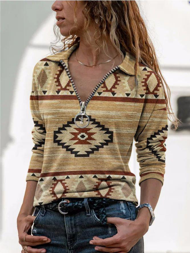Western Ethnic Style Casual All-Match Printed Long-Sleeved T-Shirt Women Pullover Sweater