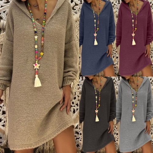 Sweater Dress Women Hooded Collar Long Sleeve V-neck Pure Color Knitted Pullover Spring Autumn Oversize Sweaters Pullovers