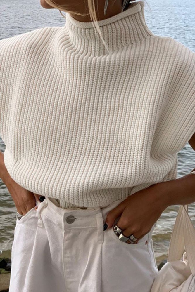 Turtleneck Sleeveless Women Vest Sweater 2021 White Shoulder pads Pullover Knitted Loose  Autumn Winter Casual Jumper