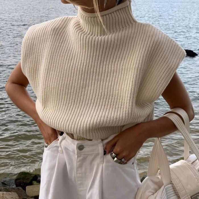 Turtleneck Sleeveless Women Vest Sweater 2021 White Shoulder pads Pullover Knitted Loose  Autumn Winter Casual Jumper