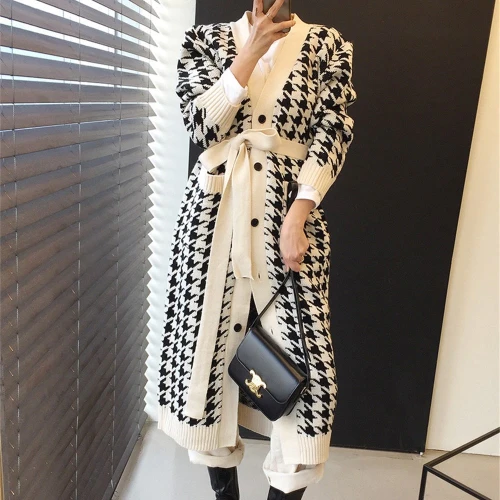 Vintage Chic Long Knitted Women Cardigans Casual V-neck Single-breasted Lace-up Houndstooth Cardigans Sweaters 2020 Autumn