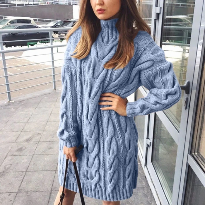 Sweater Dress Women High Colar Long Sleeve Pure Color Knitted Pullover Autumn Winter Casual Oversize Sweaters Female Pullovers