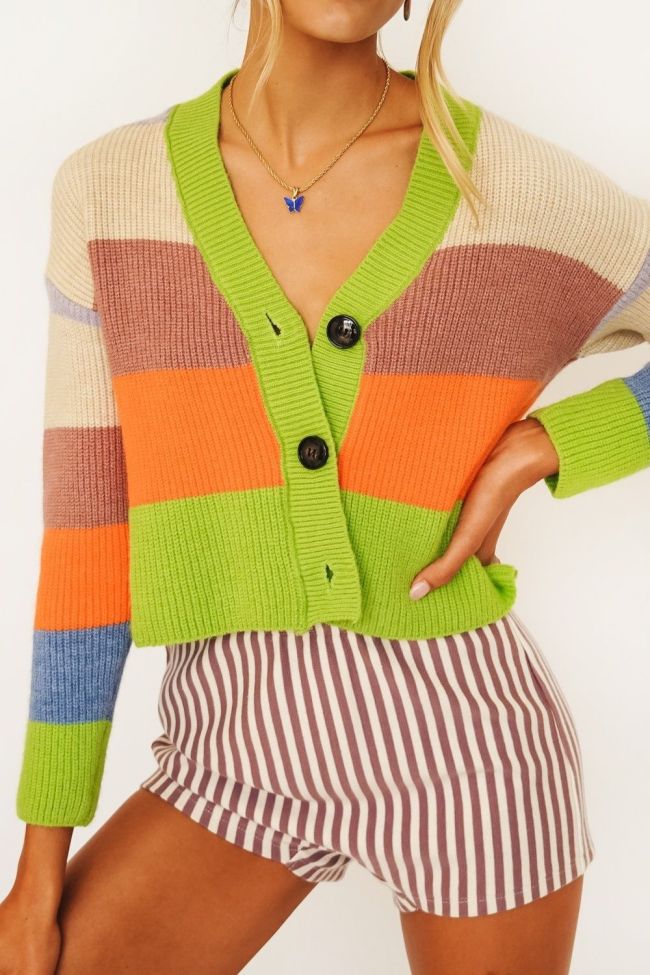 Women Knitted Striped Short Cardigan