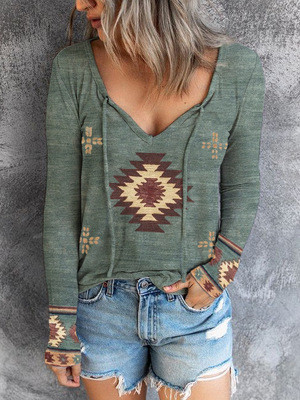 New Western Printed Ethnic Style Long-Sleeved All-Match T-Shirt