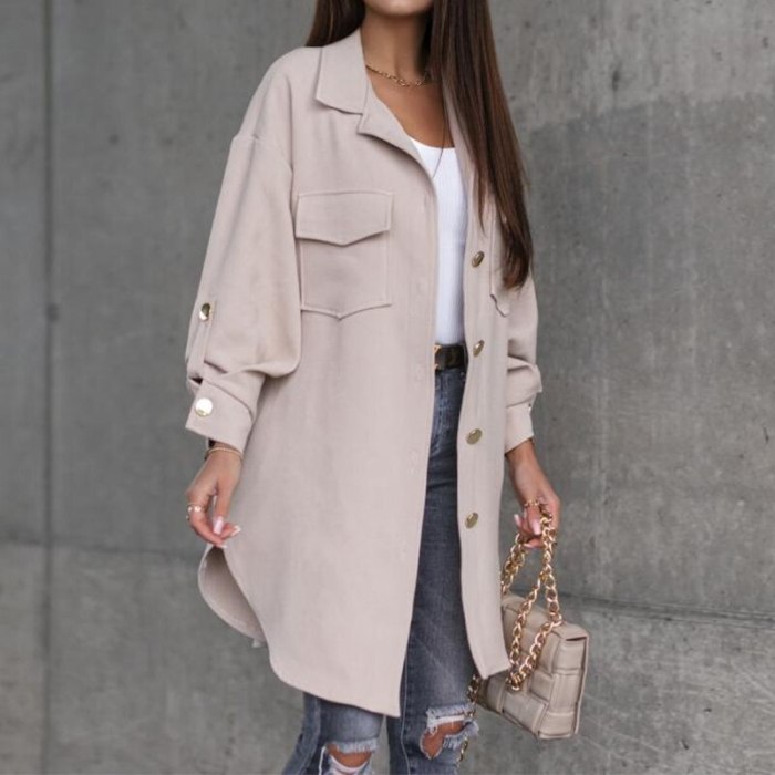 Autumn Winter Long Jacket Outerwear Office Lady Adjusted Long Sleeve Solid Shirt Coat Women Casual Single-Breasted Cardigan Tops