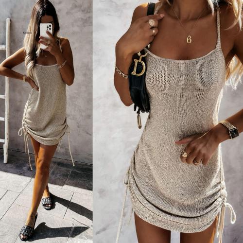 Summer Casual Drawstring Skinny Mini Dress Sexy Backless Spaghetti Strap Sweater Dress for Women Party Summer Dresses