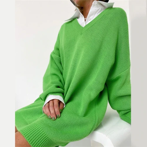 Women's Sweater Oversize Long Knitted V-neck Loose Ladies Sweaters Pullover Drop Shoulder Green Solid Autumn 2021 Casual Fashion