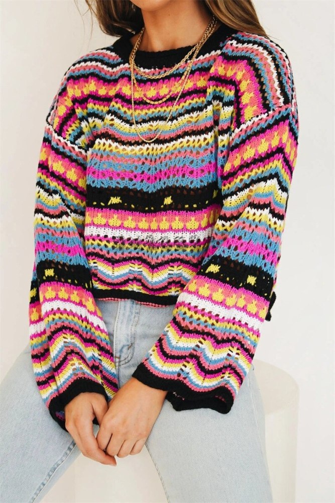 Rainbow Cropped Hollow Out Patchwork O-Neck  Sweaters