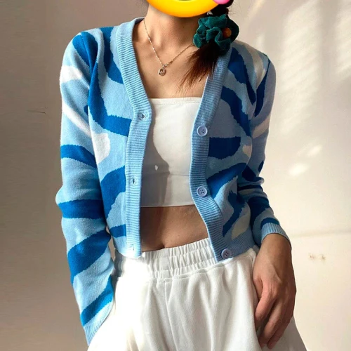 Camouflage Knitted Cardigan Sweater Women V-neck Single-Breasted Fashion Water Ripple Cropped Short Jacket Sweet Ladies Clothing