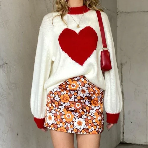 Vintage Heart Patchwork Sweater Loose Aesthetic Cute Knitwear Autumn Fashion Casual Retro Pullovers Streetwear Cuteandpsycho