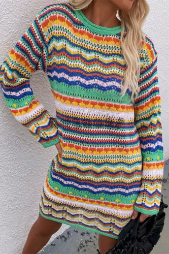 Vintage Colorful Crochet Mini Dress Women 2021 Casual Long Sleeve Hollow Out Holiday Beach Fashion Short Dresses Vestidos winter