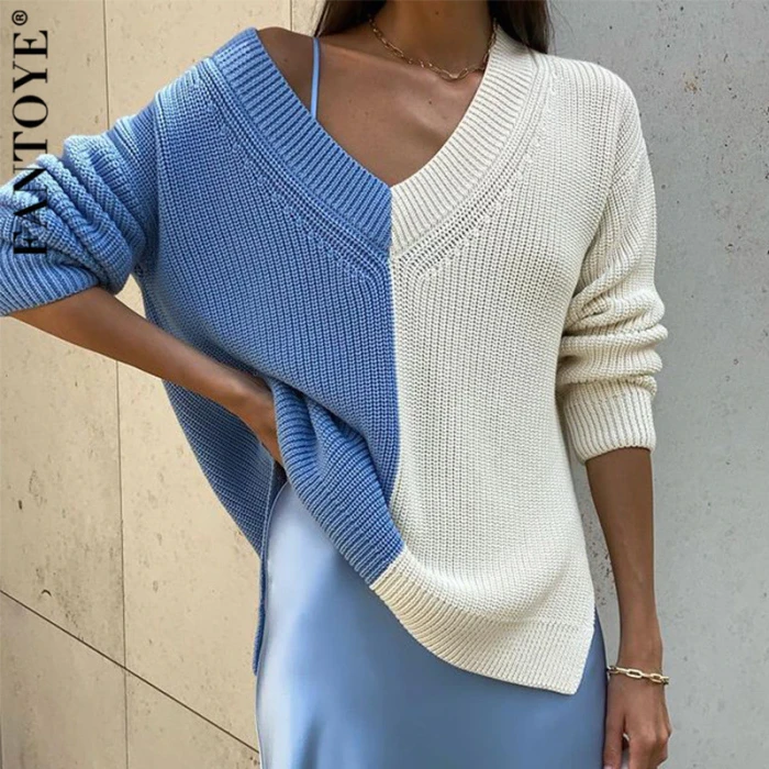 Patchwork V-neck Knitted Women Sweater