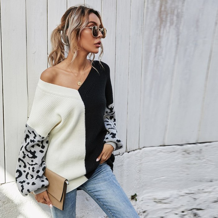 Women Clothing Sexy V-Neck Knitted Leopard Pullover Sweater Y2K 2021 Fall Winter Fashion Loose Oversized Harajuku Vintage Jumper