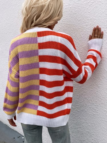 V-Neck Long Sleeve Patchwork Stripe Knitted Cardigan