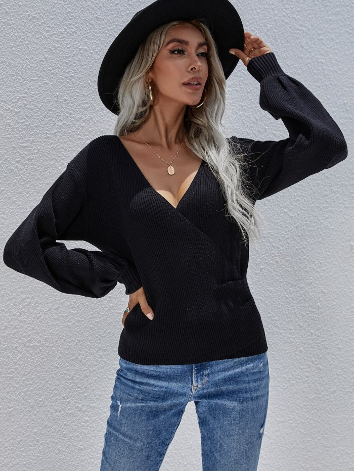 New Autumn And Winter Cross V-neck Solid Color Knitted Sweater Temperament Pullover Loose Sweater Women Long-sleeved Casual