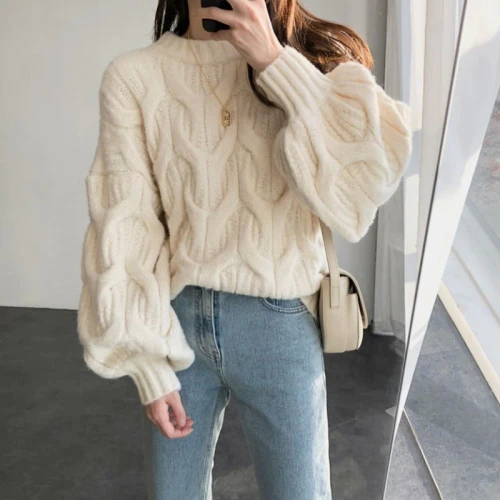 2021 Women Sweater Lantern Sleeve Knitted Pullover Twisted Tops Casual Long Sleeve O Neck Sweater Autumn Winter Korean Style