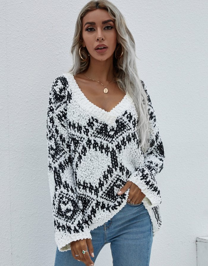 Autumn Fashion V-neck Top Floral Print Loose  Sweaters