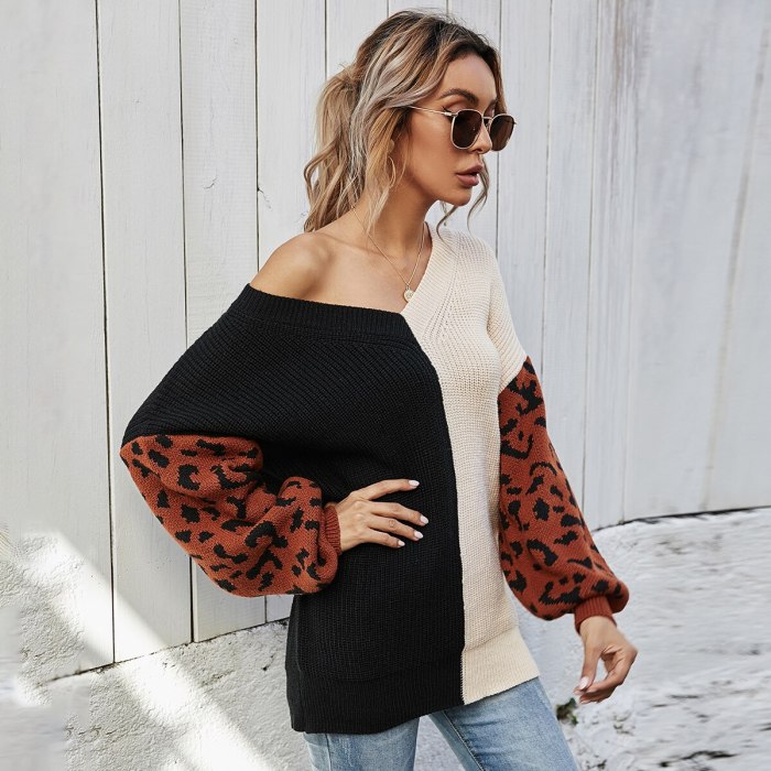 Women Clothing Sexy V-Neck Knitted Leopard Pullover Sweater Y2K 2021 Fall Winter Fashion Loose Oversized Harajuku Vintage Jumper