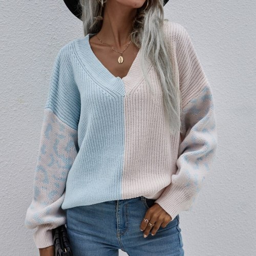 Women V-Neck Knitted Leopard Pullover Sweater