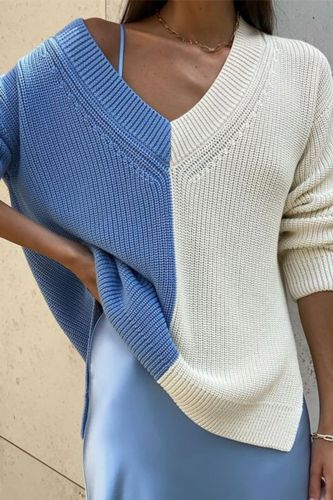 Patchwork V-neck Knitted Women Sweater Khaki Long Sleeve High Split Loose Sweater Ladies Autumn Fashion Streetwear 2021