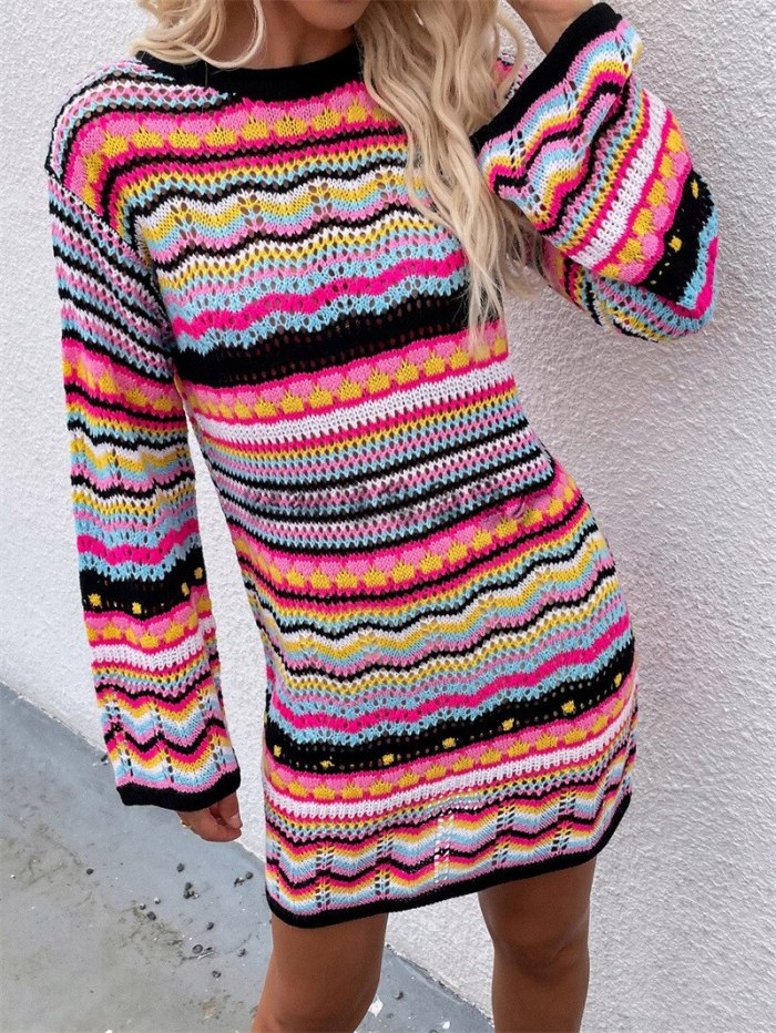 Rainbow Cropped Hollow Out Patchwork O-Neck  Sweaters