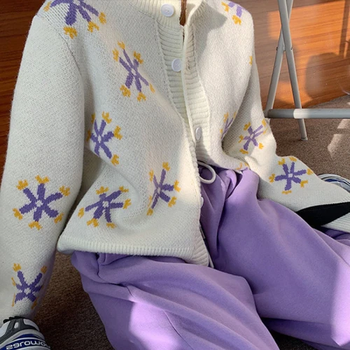 Preppy Style Flower Knit Cardigans Women Sweater V Neck Loose Elegaht Femme Print Short Casual Coat Spring Autumn Sweet Clothing