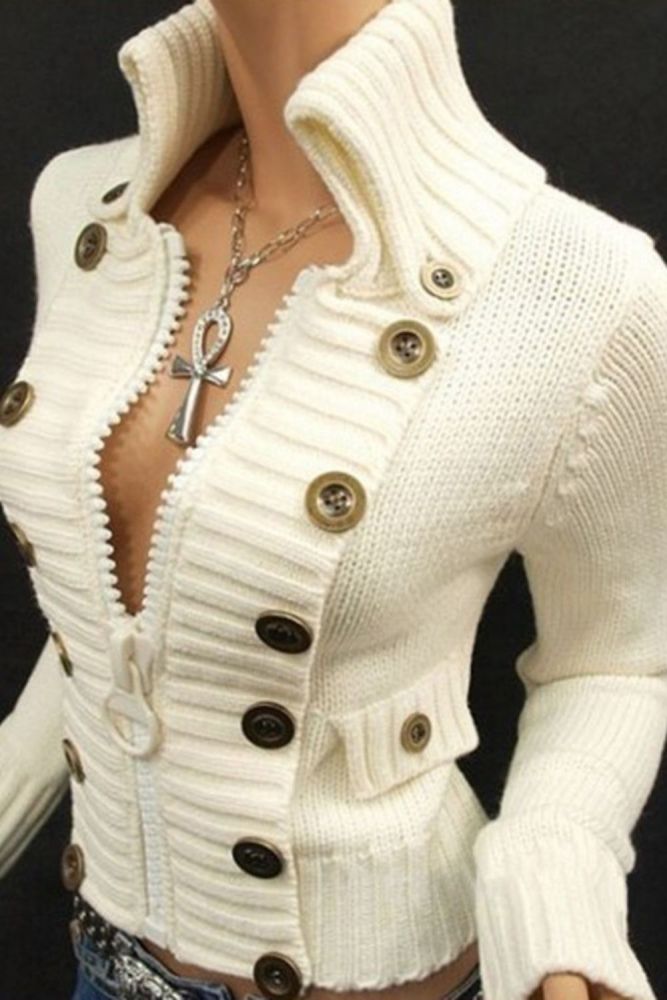Buttons Top Jumpsers High Collar Zipper Slim Fit Sweater Top Women Solid Color Long Sleeve Cargidan Swearters