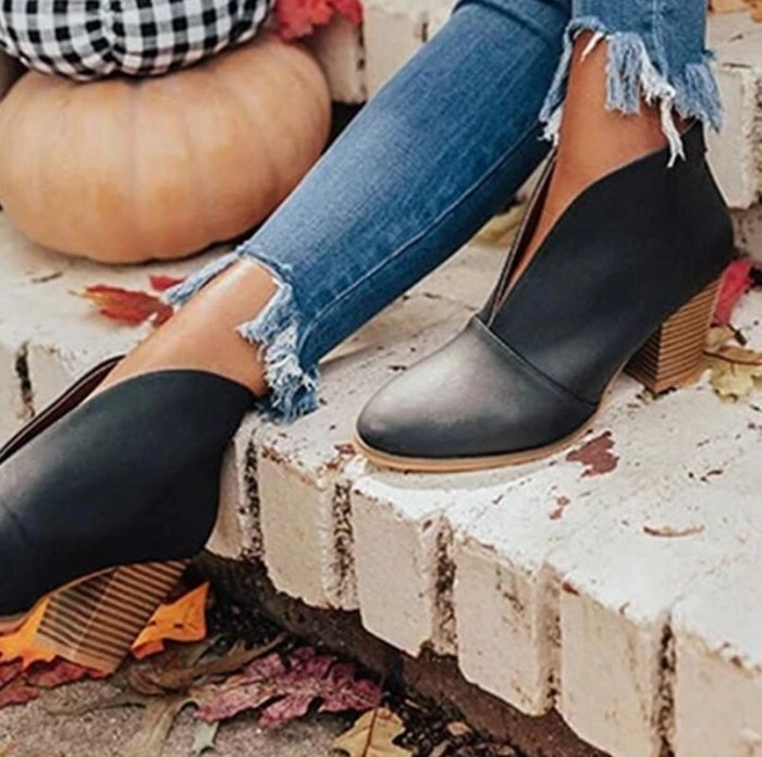 2021 New Winter Women Boots V Cutout Ankle Boots Stacked Heel Booties Fahsion Chelsea Boots PU Botas Zapatos Mujer SIze 35-43