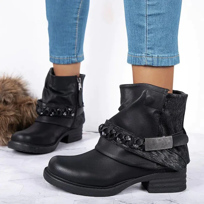 2021 Fashion Black Purple Women Genuine Leather Ankle Boots Chain Decor Punk Style Booties Female Flat Botas Militares