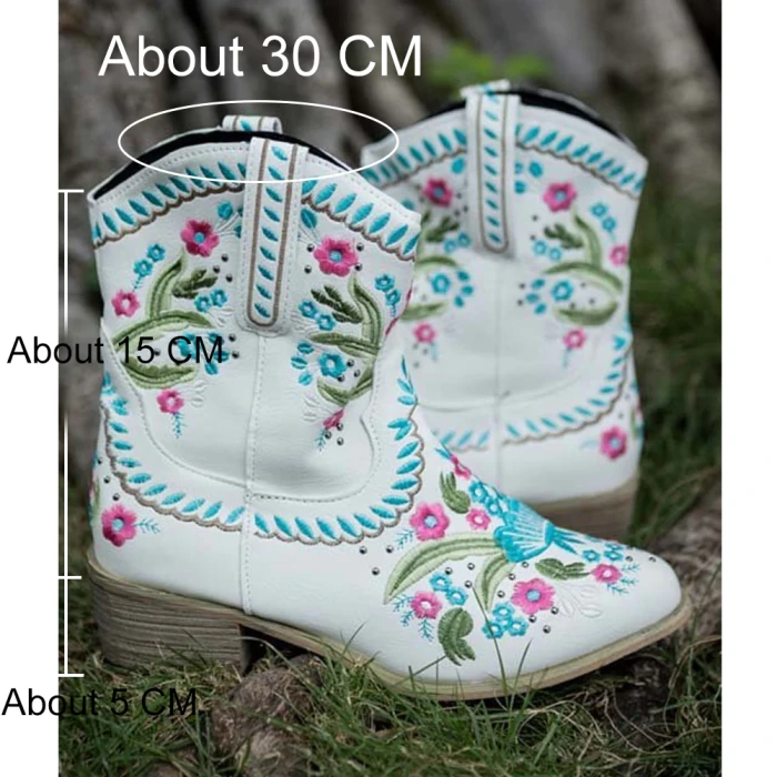 Brand Fashion Vintage Floral Women Western Boots Chunky Heel Pointed Toe Embroidery Designer Ridding Ankle Boots