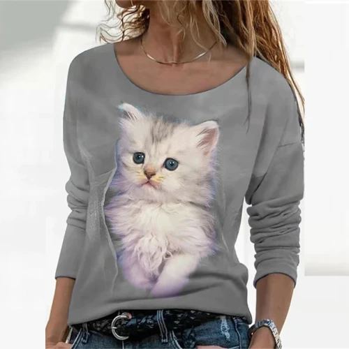 2021 Autumn Long-sleeved Casual Blouse Women Fashion O-neck 3D Cat Printed Pullover Ladies Shirt Vintage Loose Street Top Female