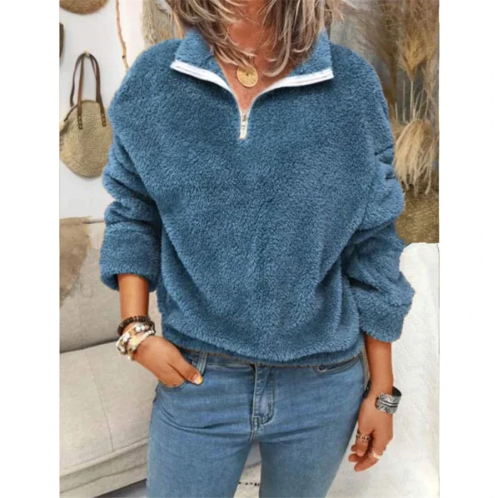Streetwear Fashion Plus Size Plush Sweater Women Long Sleeve Zipper V-Neck Casual Pullovers Tops Autumn Winter Warm Sweater Coat