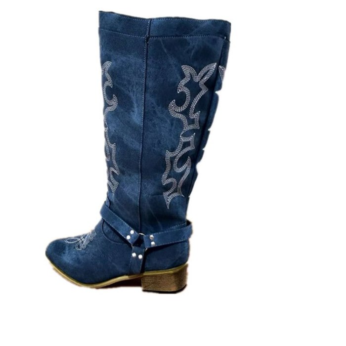 Female Blue Denim Buckle Strap Knee High Boots Cowboy Embrodiery Knight Boots Retro Wooden Chunky Heel Slip On Martin Boots