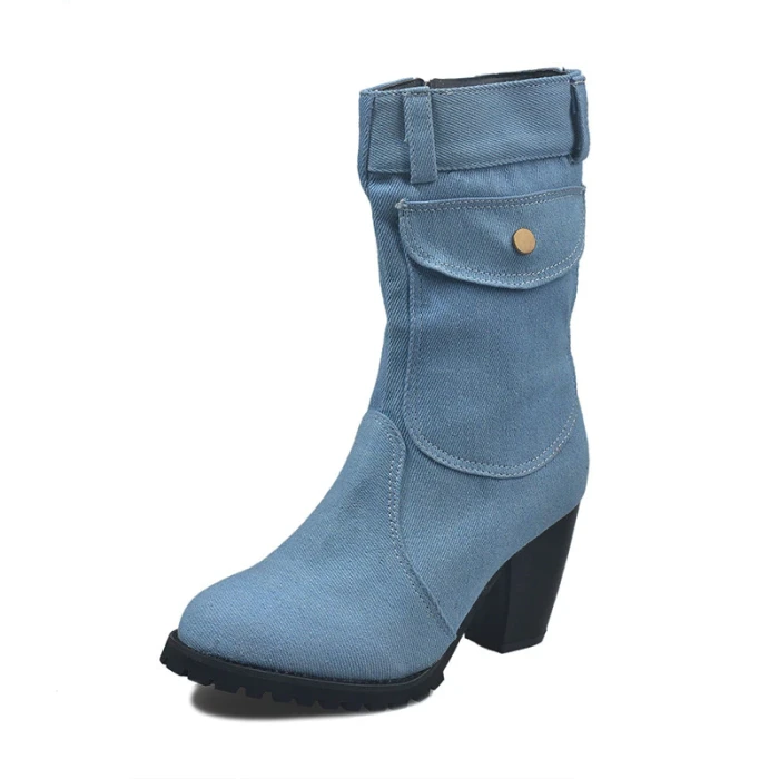 Trend Denim Women Mid-calf Boots Handmade Sewing Packet Fur Lining Platform Square Heel Fashion Retro Shoes Ladies Female 2020