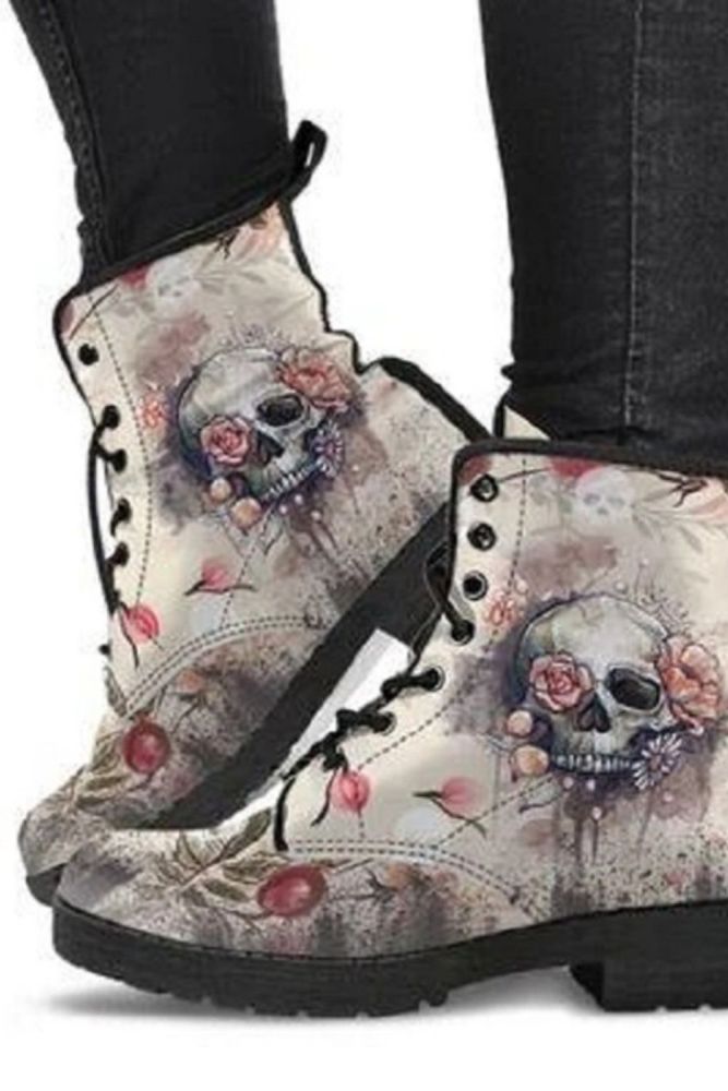 Digital Print Autumn Lady High Top Skull Pattern  Boot 2021 British PU Women's Fashion Work Boots