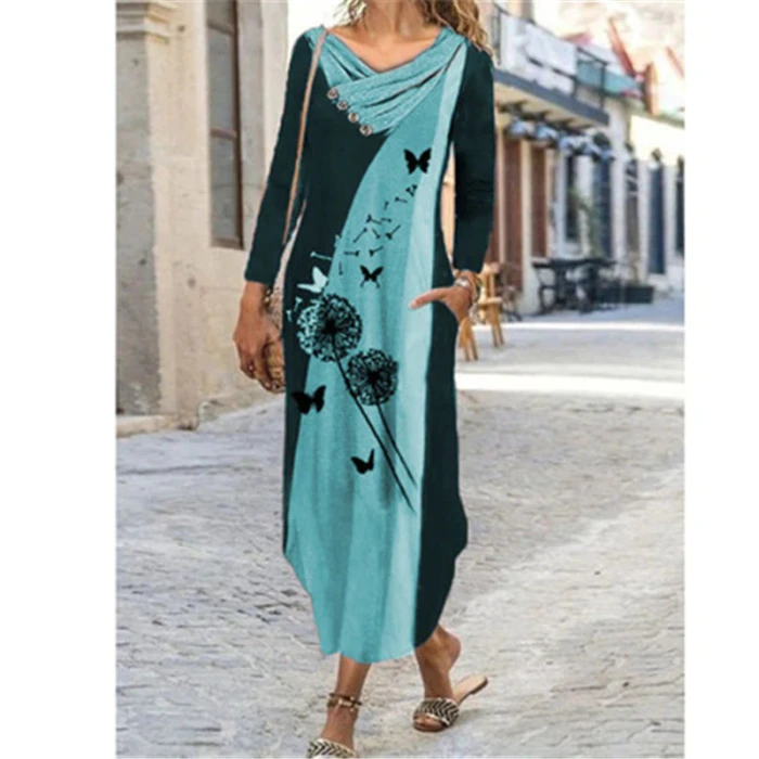 Vintage Elegant Dresses Boho Print Color Block Dresses Stitching Button Fashion Long-sleeved Dress Maxi Dresses for Women Dress