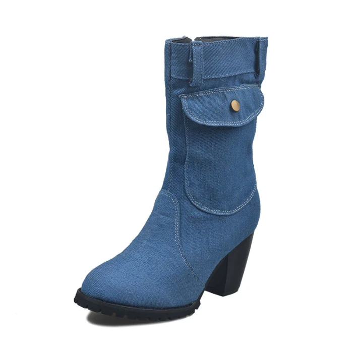 Trend Denim Women Mid-calf Boots Handmade Sewing Packet Fur Lining Platform Square Heel Fashion Retro Shoes Ladies Female 2020