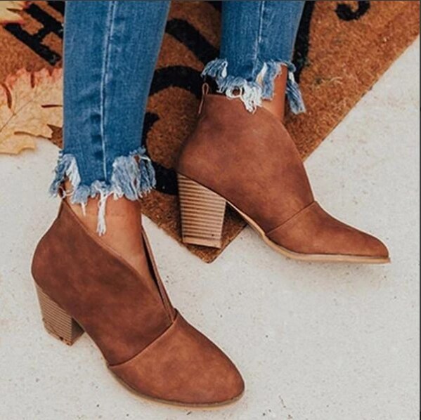 2021 New Winter Women Boots V Cutout Ankle Boots Stacked Heel Booties Fahsion Chelsea Boots PU Botas Zapatos Mujer SIze 35-43