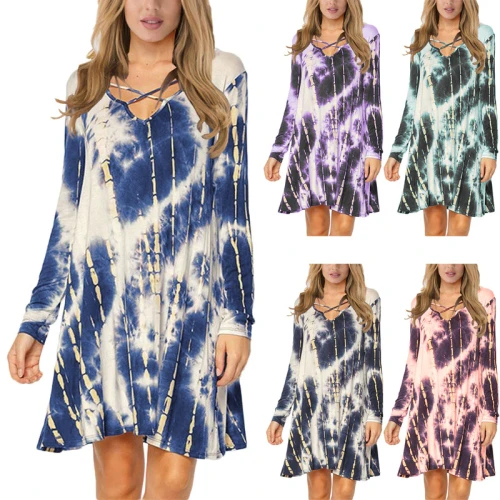 2021 fashion Spring and Autumn dresses for women Tie dye Long sleeve Gradient Casual plus size dress V-neck dress