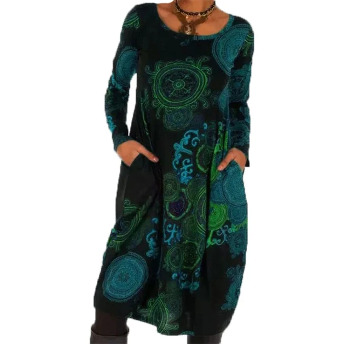 Autumn 2021 Women Dress Loose Streetwear Boho Long Sleeve Ladies Clothing Fashion Print Dress Spring Vintage Dresses Vestidos
