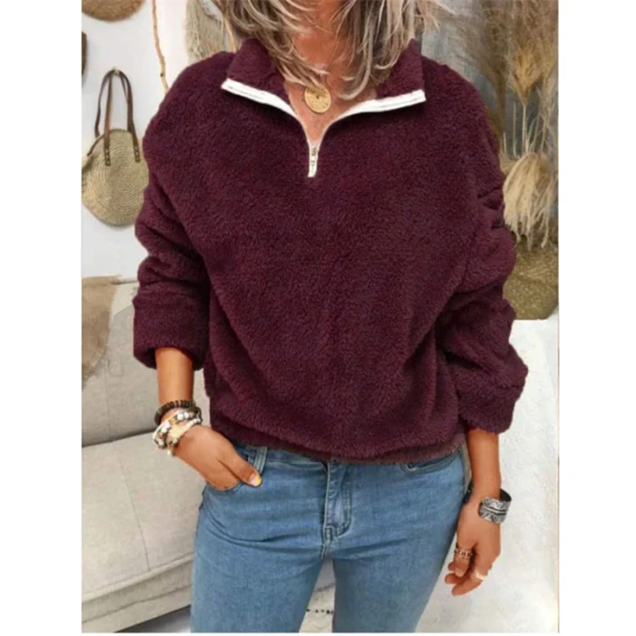 Streetwear Fashion Plus Size Plush Sweater Women Long Sleeve Zipper V-Neck Casual Pullovers Tops Autumn Winter Warm Sweater Coat